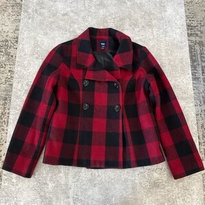 GAP Red and Black Plaid Pea Coat